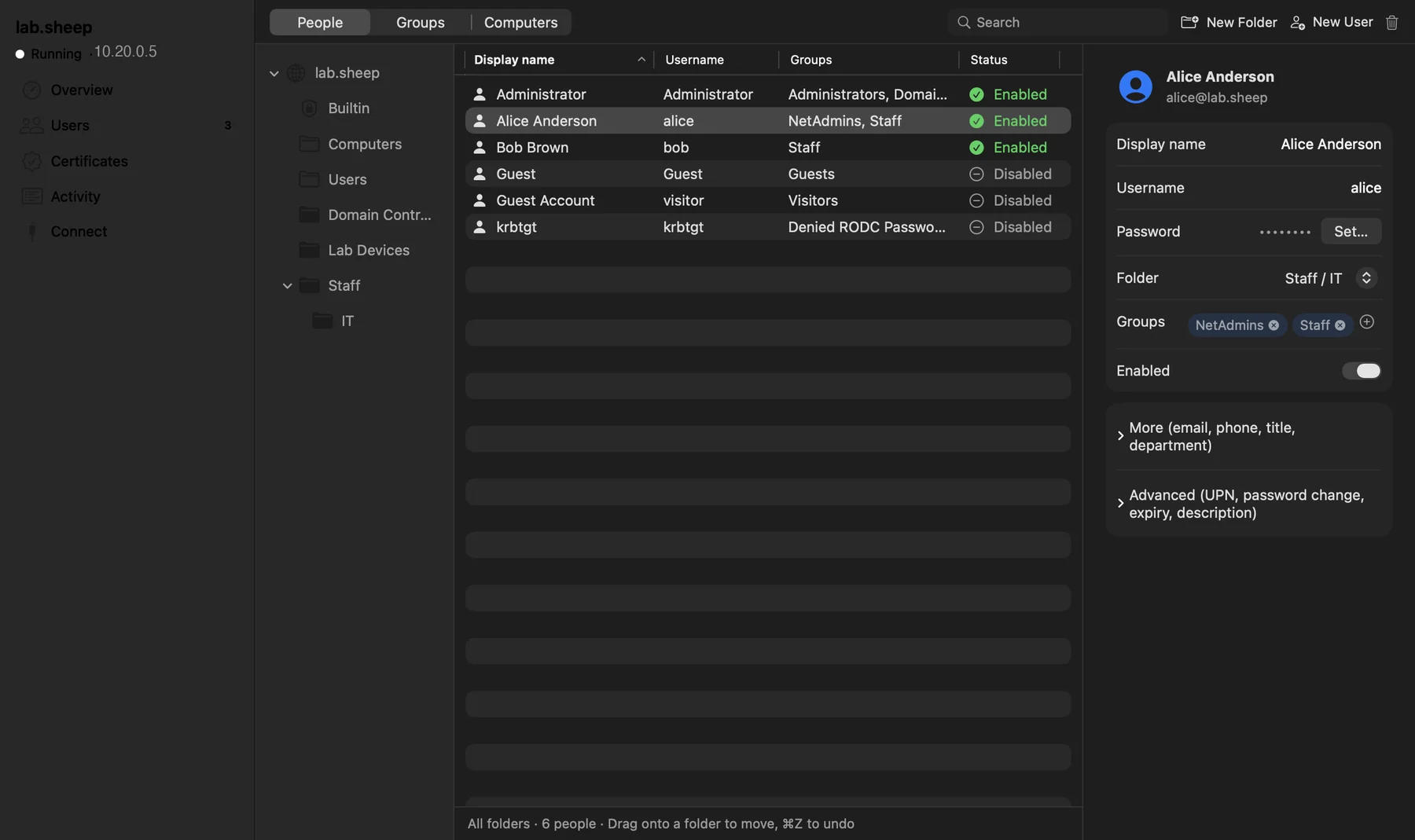 LabDC showing people, groups and computers with a user's details