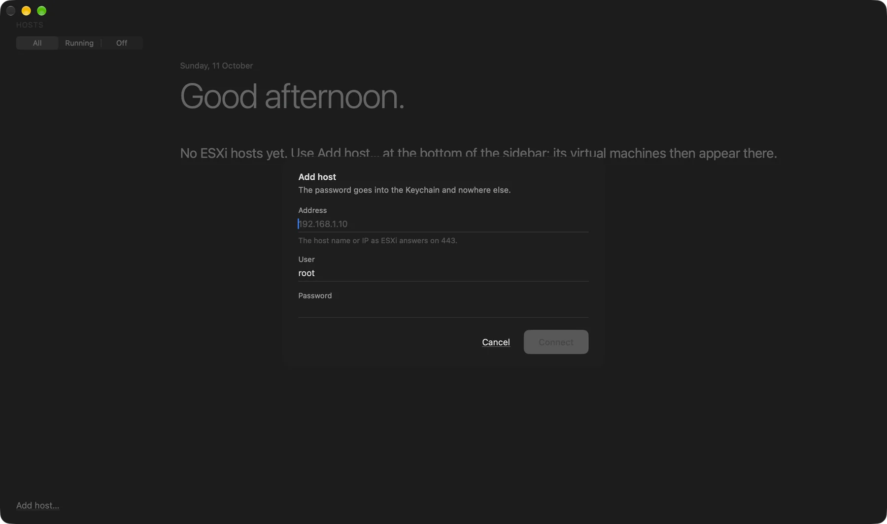LabDock sheet for adding an ESXi host