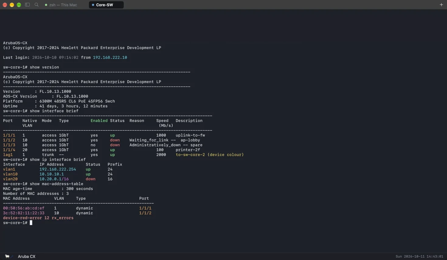 SheepTerm on macOS showing an Aruba CX session with interfaces, VLANs, addresses and MAC addresses highlighted