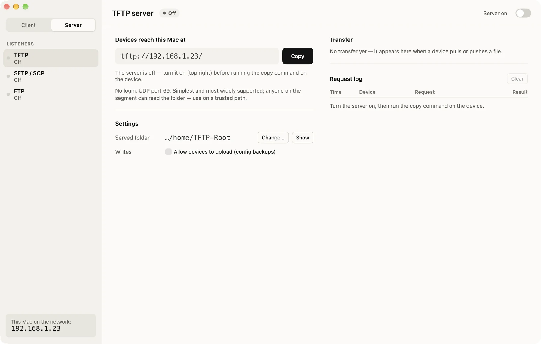 SheepDrop with TFTP, SFTP/SCP and FTP listeners, copy URL, the served folder and a request log