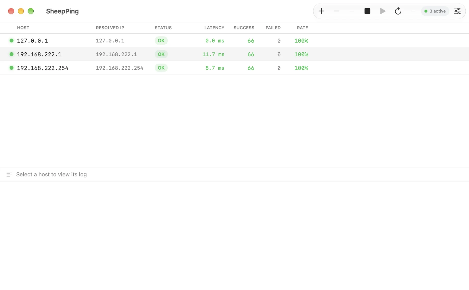 SheepPing showing three hosts with live status, latency, success counts and rate